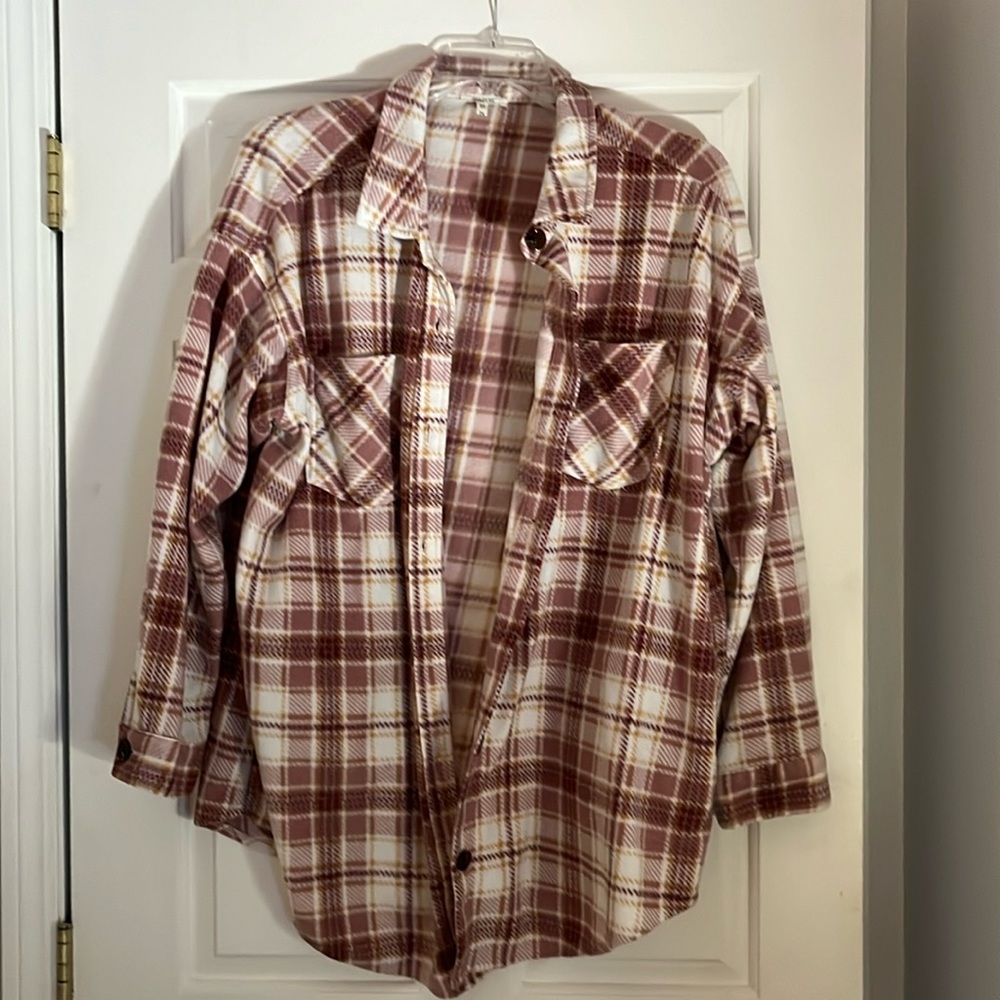 Maurices Wilder Fleece Plaid Shacket Cream and Pink 2X